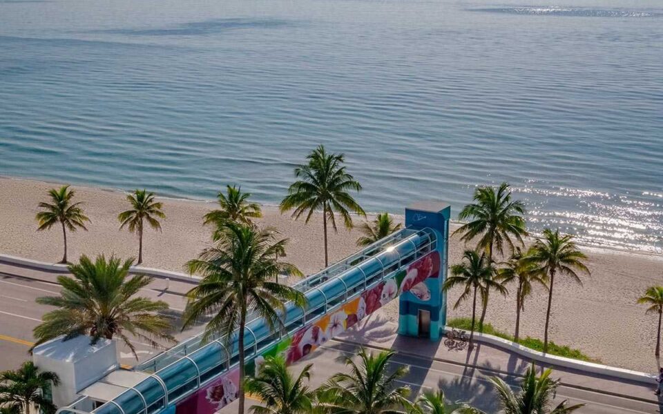 a pedestrian sky bridge leading to a tropical beach